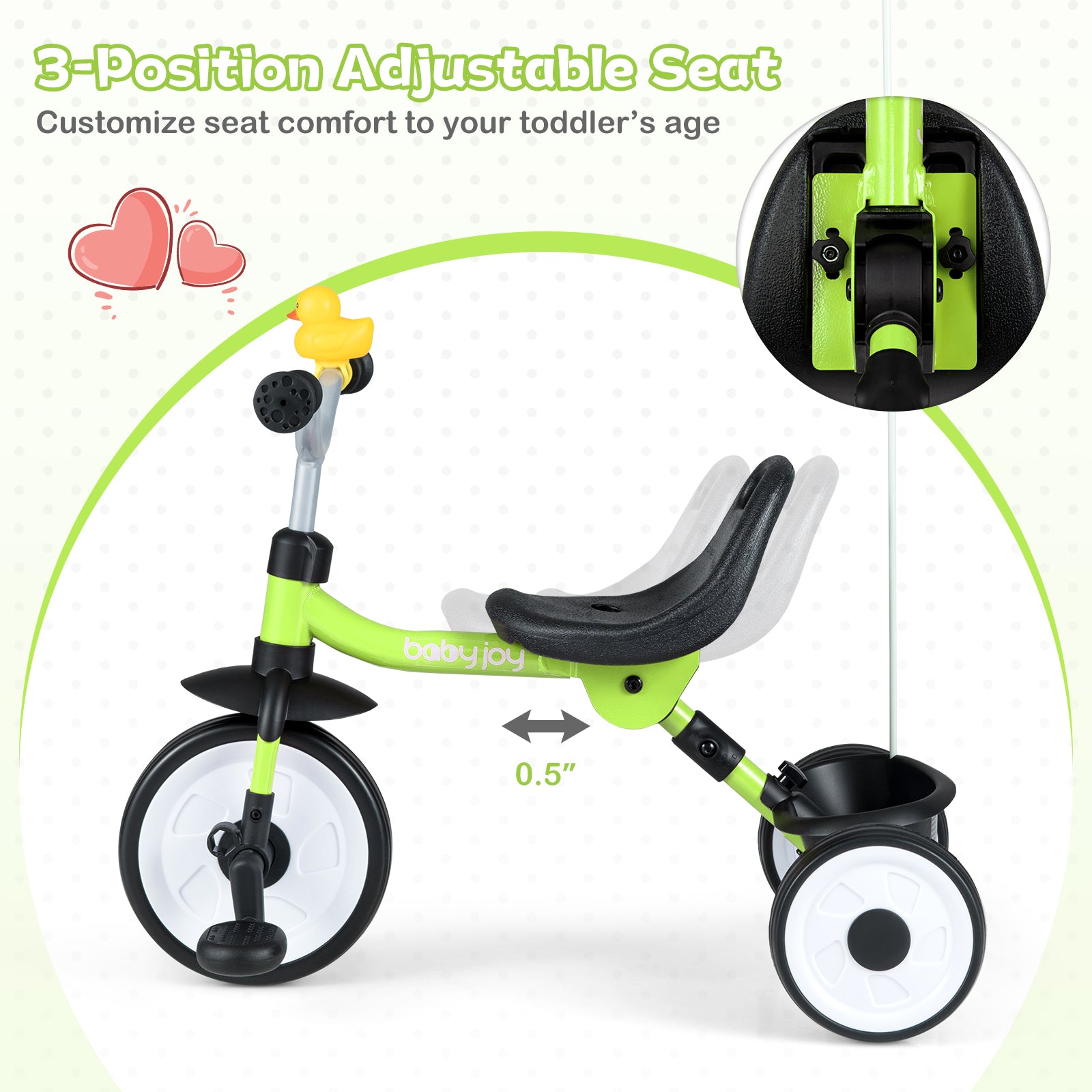 Green balance bike with adjustable seat feature on a white background
