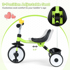 Green balance bike with adjustable seat feature on a white background