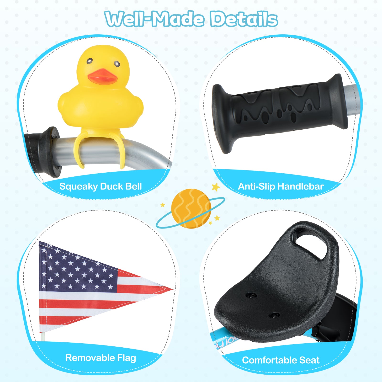 Product features including a squeaky duck bell, anti-slip handlebar, removable flag, and comfortable seat on a light blue background.