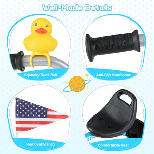 Product features including a squeaky duck bell, anti-slip handlebar, removable flag, and comfortable seat on a light blue background.