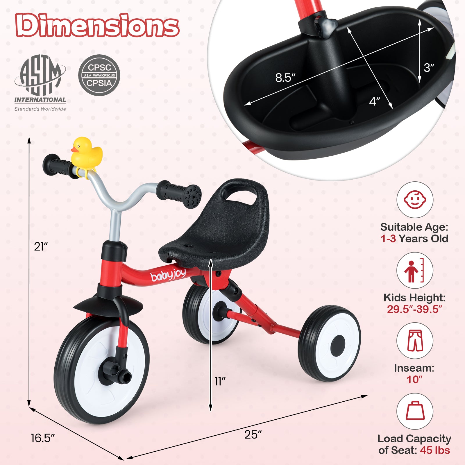 Baby tricycle with dimensions and safety certification logos on a light pink background