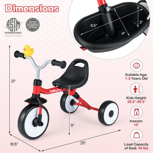 Baby tricycle with dimensions and safety certification logos on a light pink background