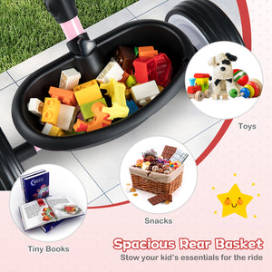 Spacious rear basket with toys, snacks, and books for a child's car seat.