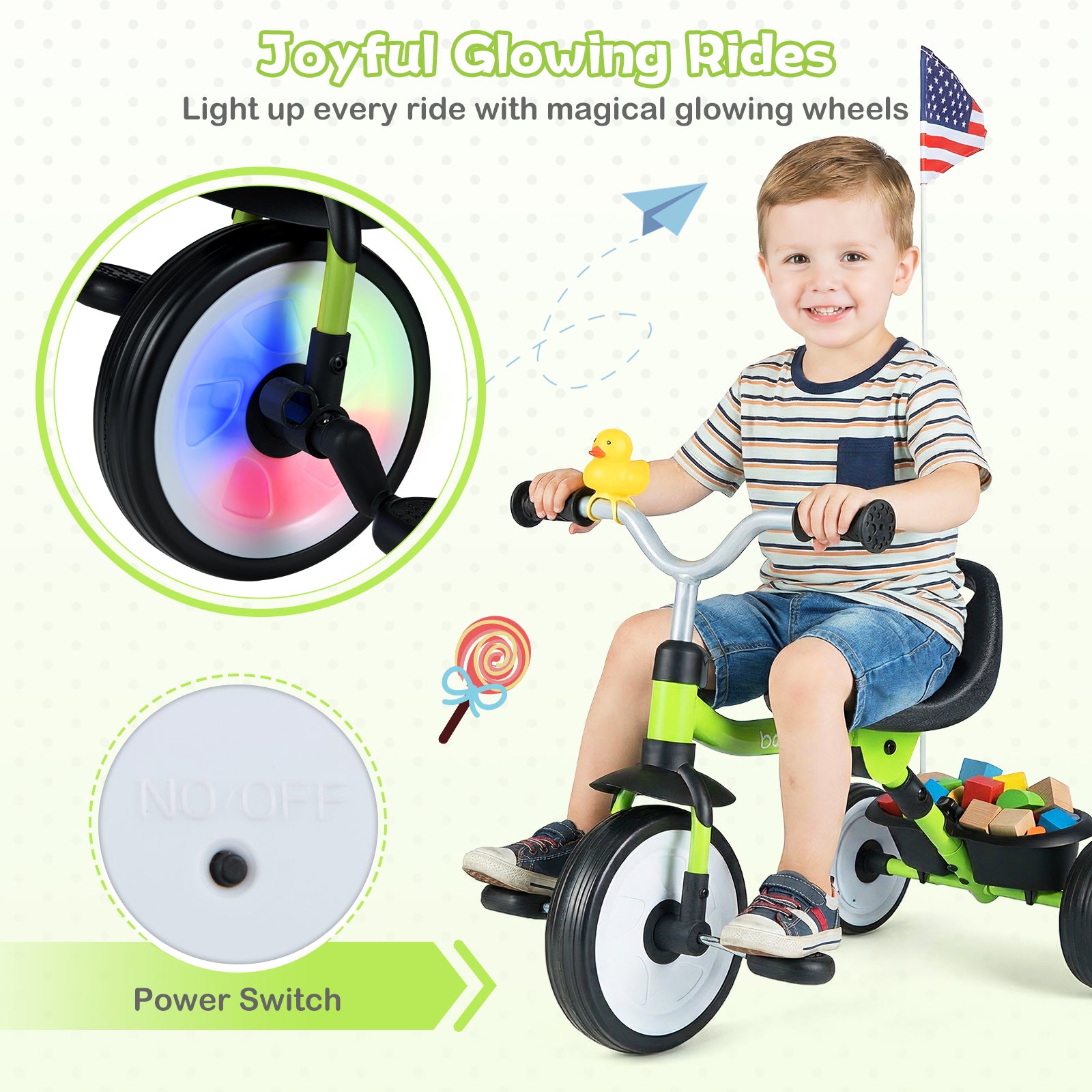 Child riding a tricycle with glowing wheels and accessories on a light green background