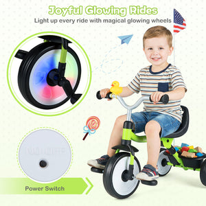 Child riding a tricycle with glowing wheels and accessories on a light green background