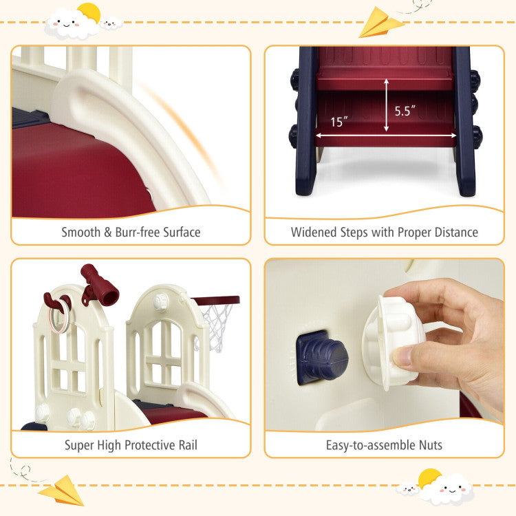 Product features including smooth surface, widened steps, protective rail, and easy-to-assemble nuts on a white background.