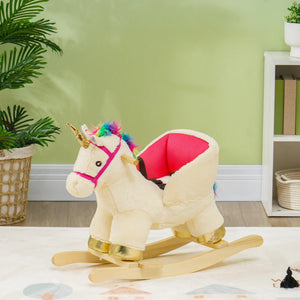 Plush rocking unicorn toy with colorful mane in a room with green walls and plants.