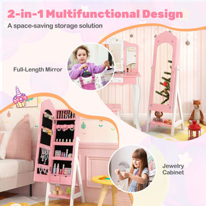 Pink 2-in-1 multifunctional storage solution with full-length mirror and jewelry cabinet in a child's room.