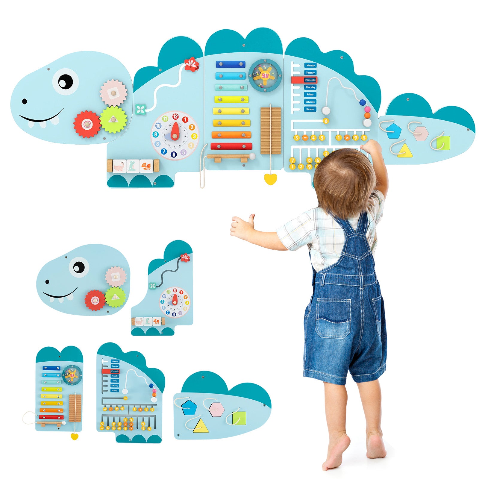 Toddler wall learning center with Montessori-inspired activities