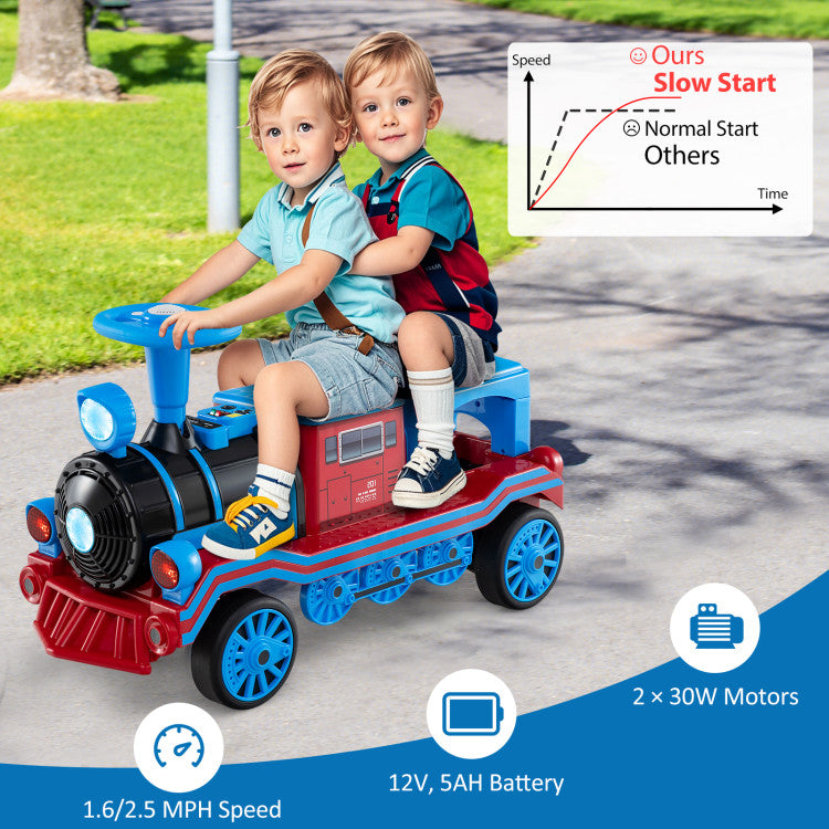 Toddler playing on battery powered toddler ride on train toy
