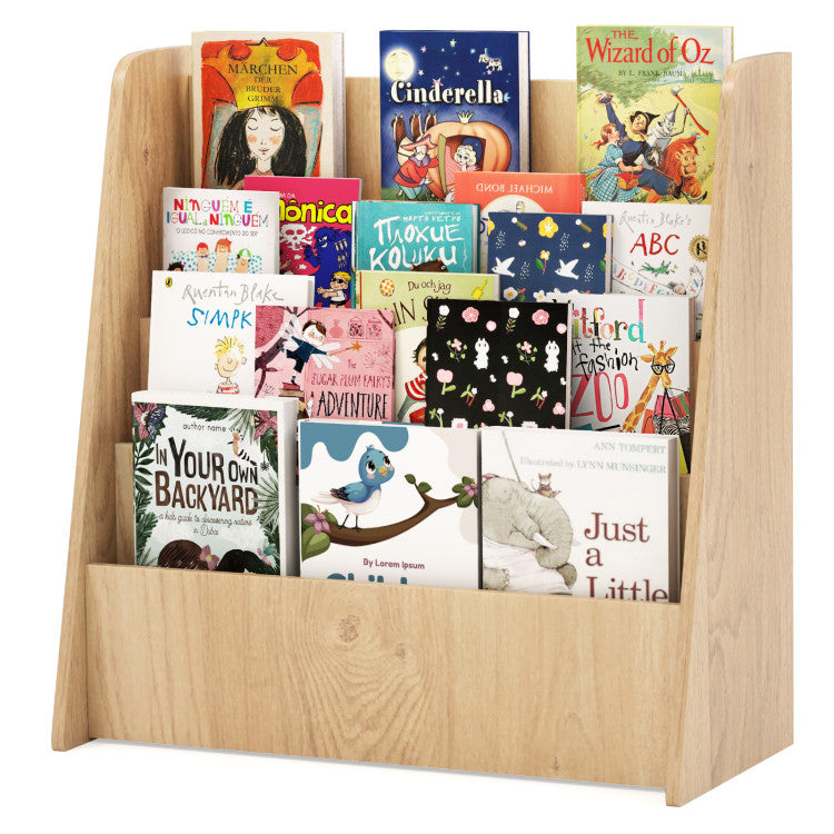 A toddler's room with a low-profile 4-tier bookshelf for toddler storage.