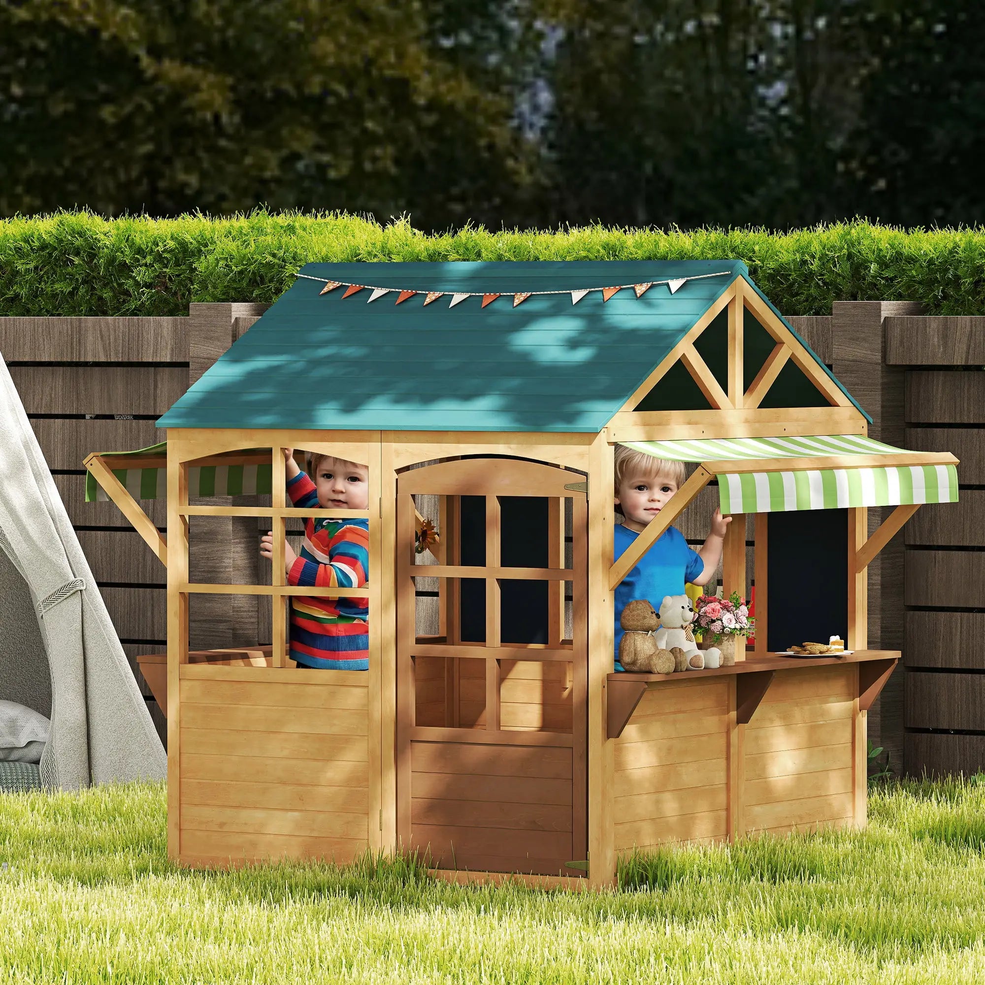 Toddler wooden playhouse with safe working door
