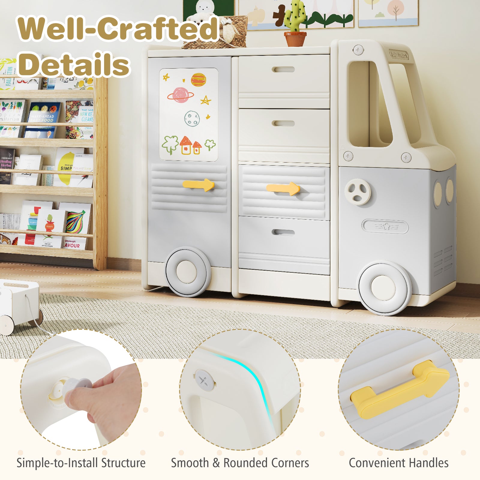 Front storage compartment for toys and books