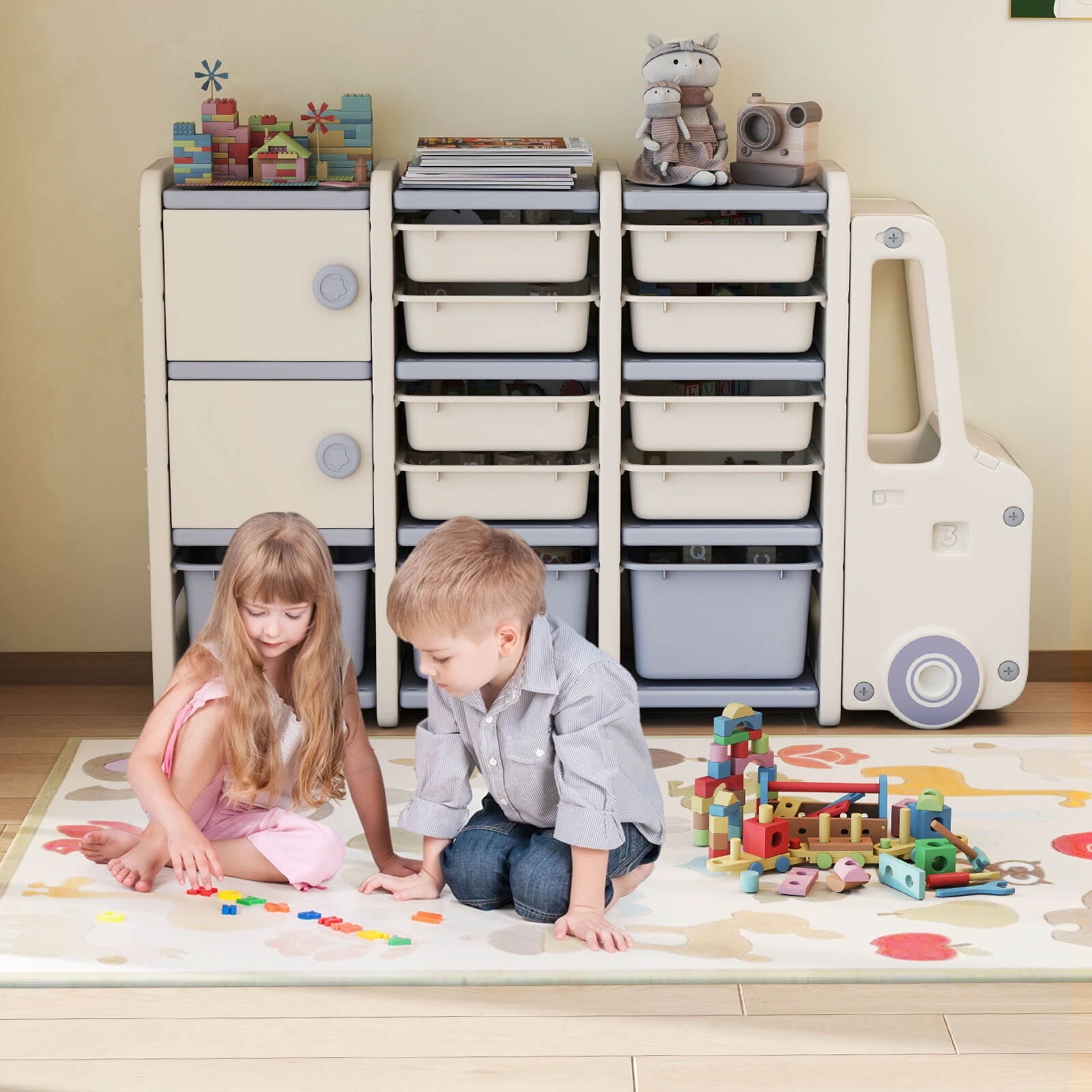 Kids toy organizer with spacious top display shelf