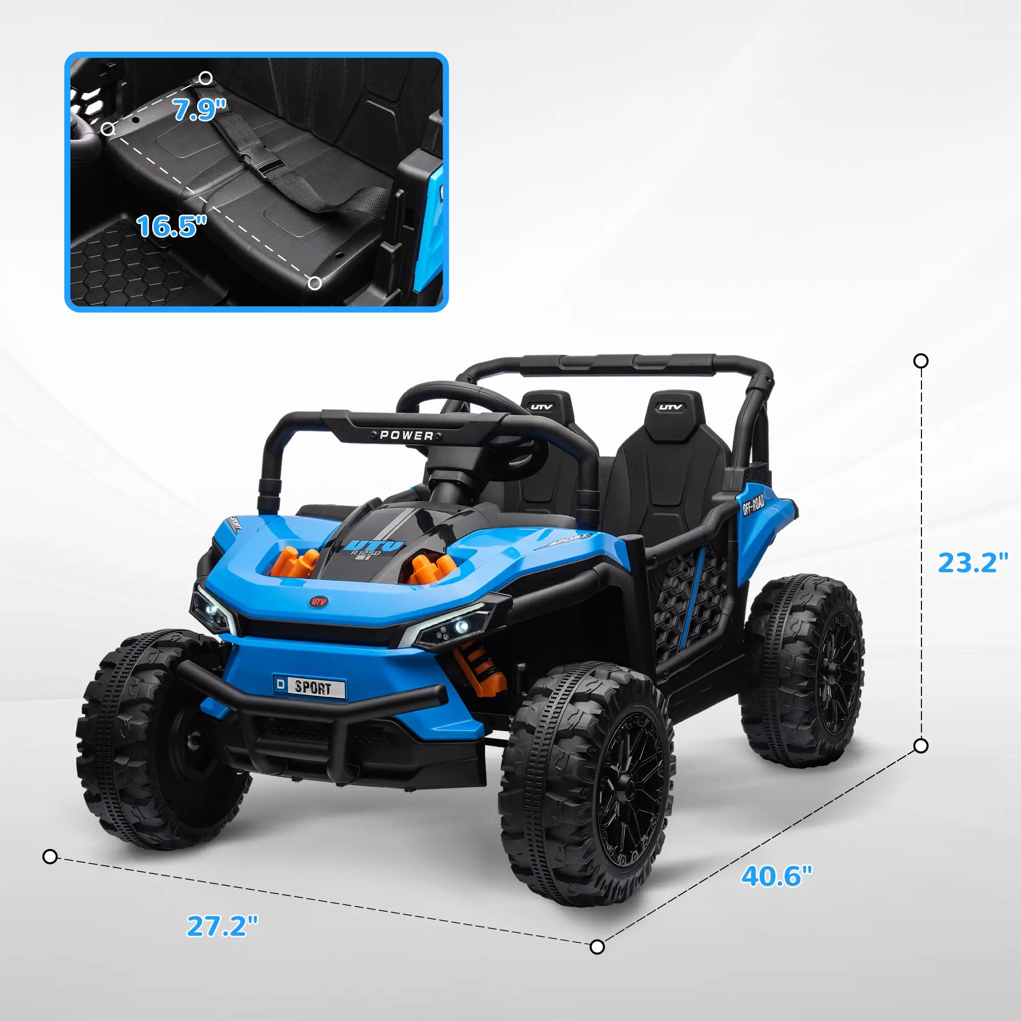 Blue and black toy off-road vehicle with dimensions displayed on a white background