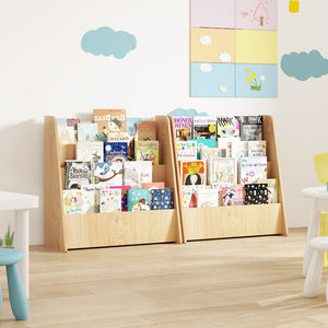 A bookshelf with baskets, demonstrating toy storage ideas for small spaces.