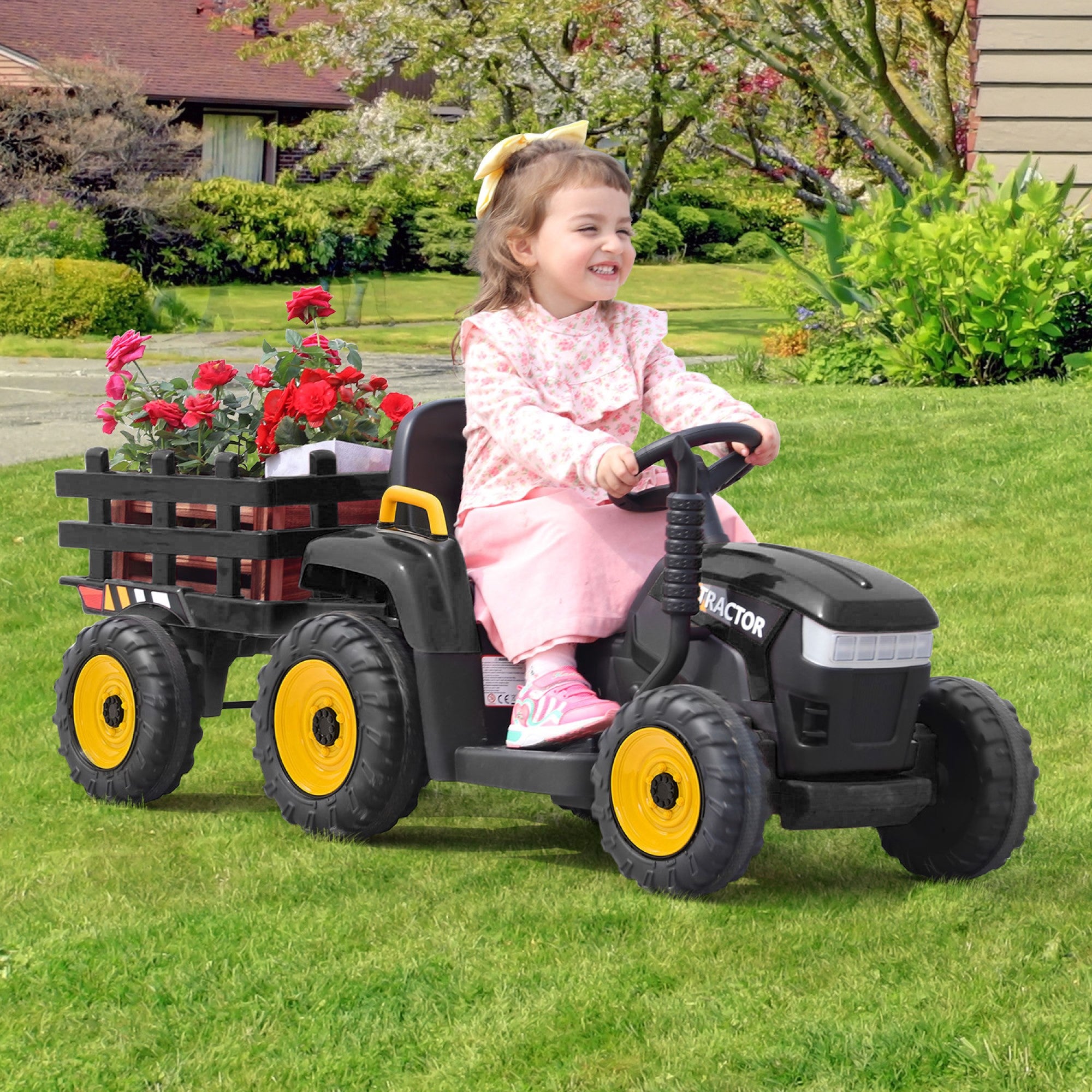 Tobbi 12V Battery Powered Toy Tractor with Trailer, Kids Electric Ride On Toy Car, Black