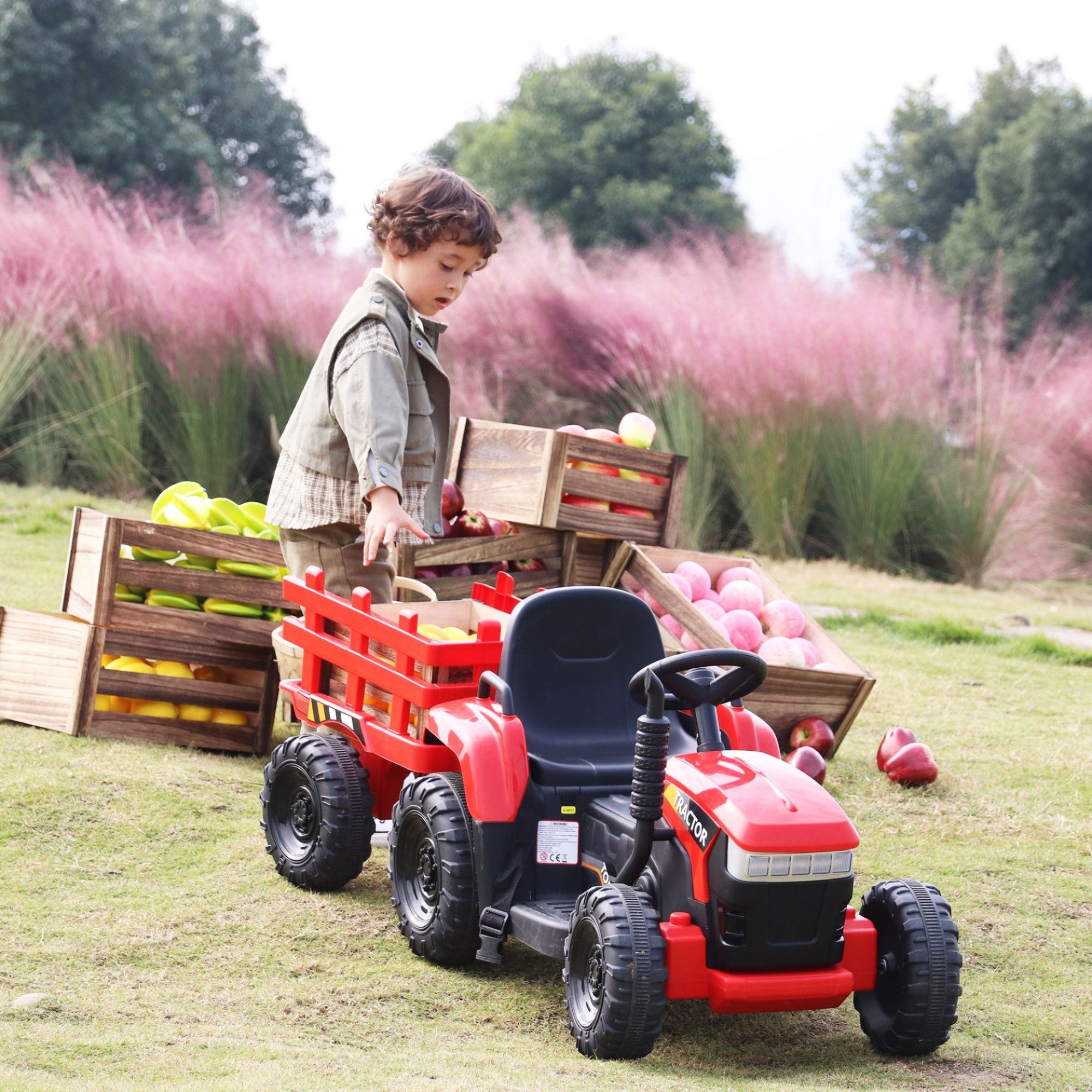 Tobbi 12V Battery Powered Toy Tractor with Trailer, Kids Electric Ride On Toy Car, Red