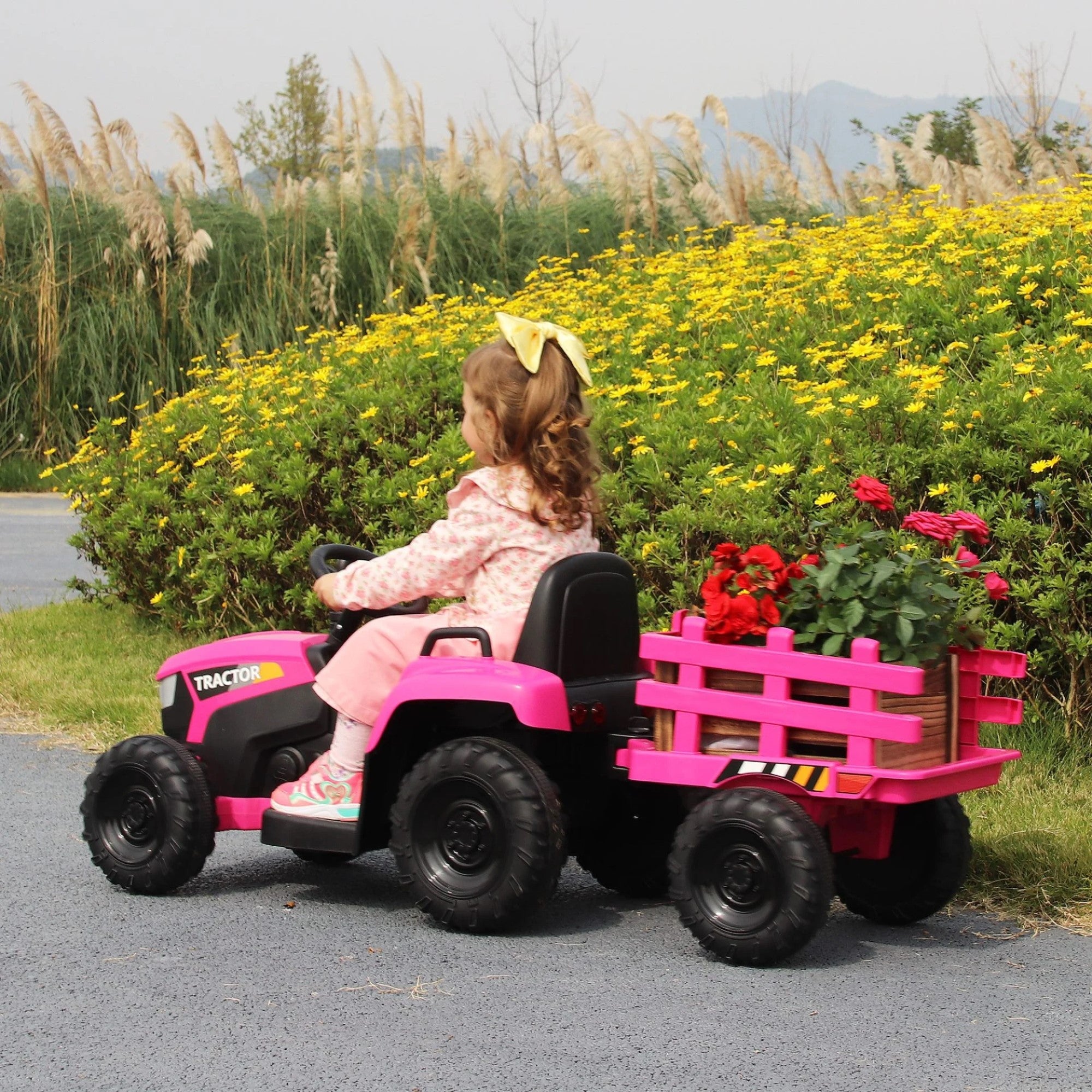 Tobbi 12V Battery Powered Toy Tractor with Trailer, Kids Electric Ride On Toy Car, Rose Red