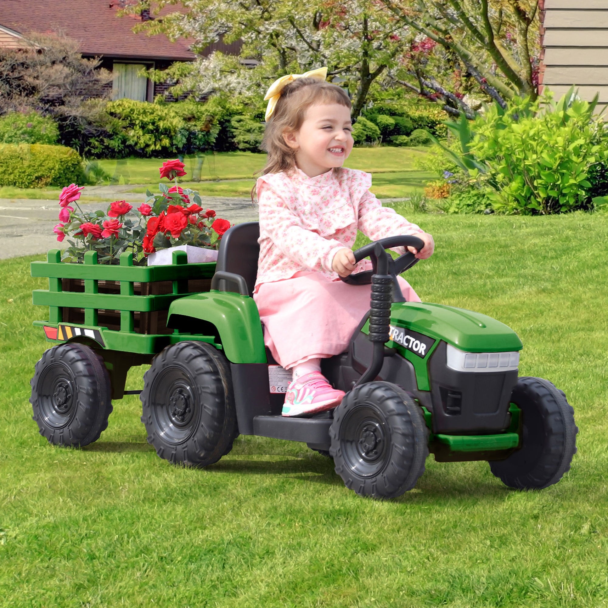 Tobbi 12V Battery Powered Toy Tractor with Trailer, Kids Electric Ride On Toy Car, Dark Green