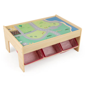 Kids train table with three fabric storage drawers for toy organization