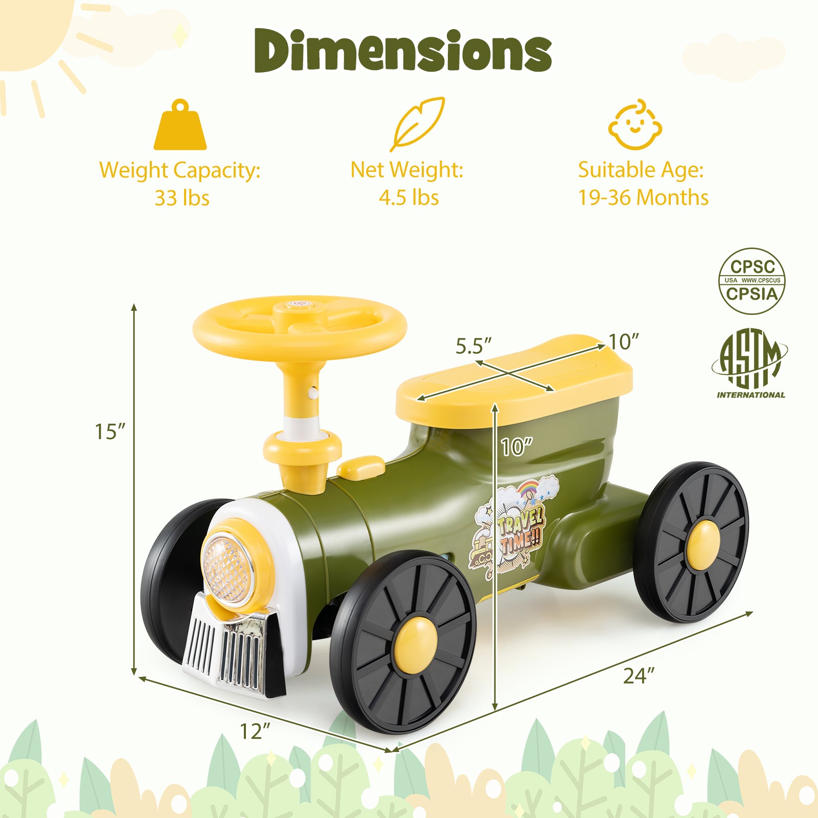 Toy tractor with dimensions and safety certification logos on a white background