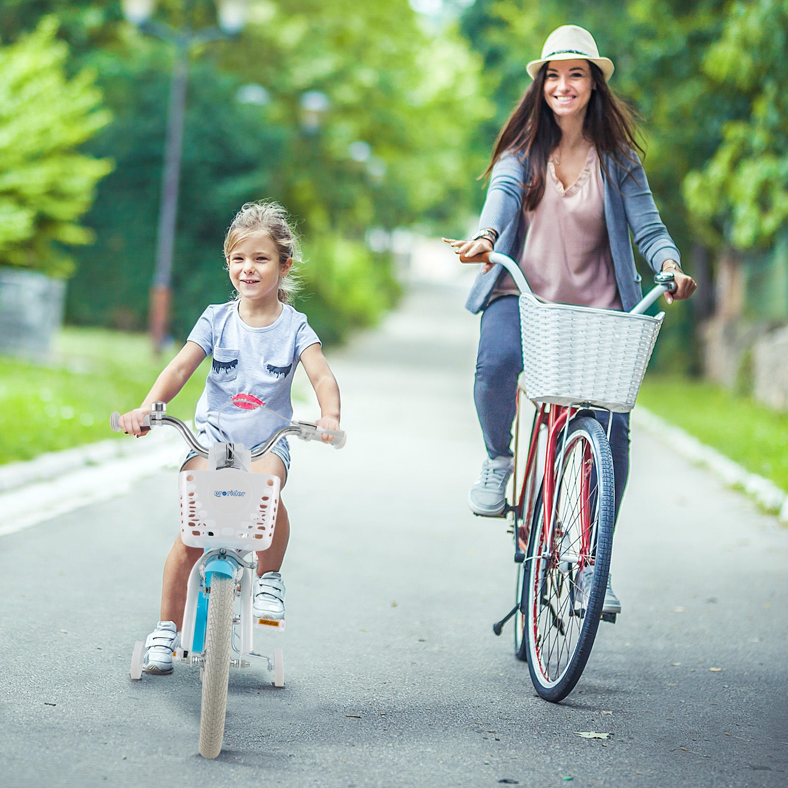 Woman and child riding bicycles on a sunny day
