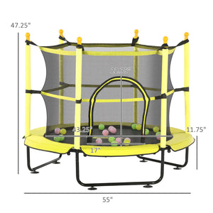 Yellow trampoline with safety net and ball pit, shown with dimensions on a white background