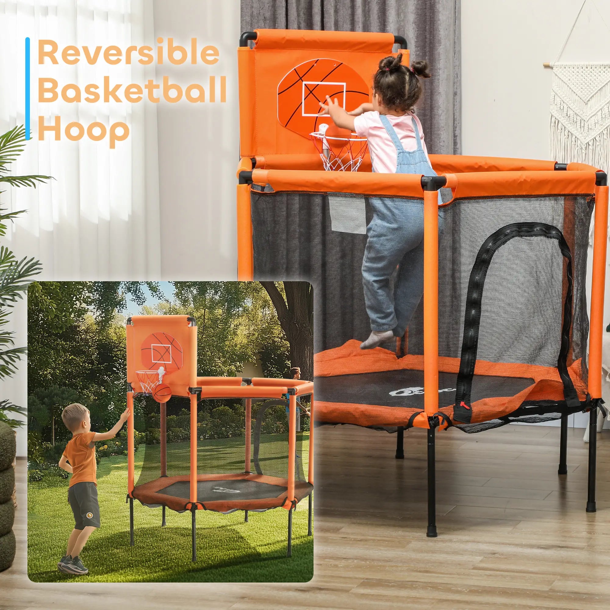 Reversible basketball hoop with indoor and outdoor use scenarios.