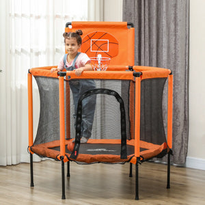 Child playing with a small basketball hoop on a trampoline in a home setting.