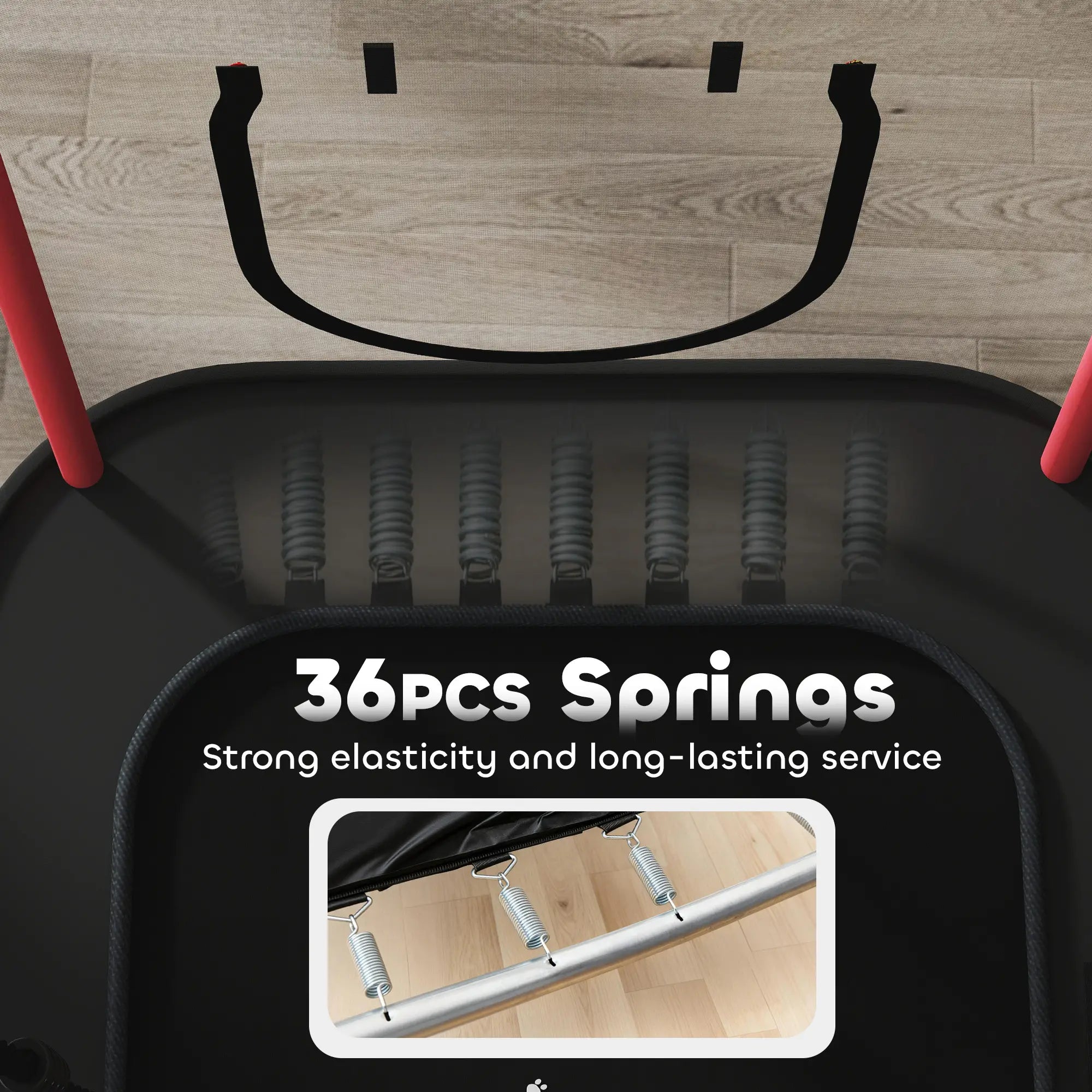 Trampoline with 36 springs highlighted on a wooden floor background