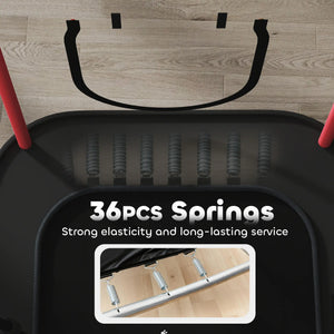 Trampoline with 36 springs highlighted on a wooden floor background