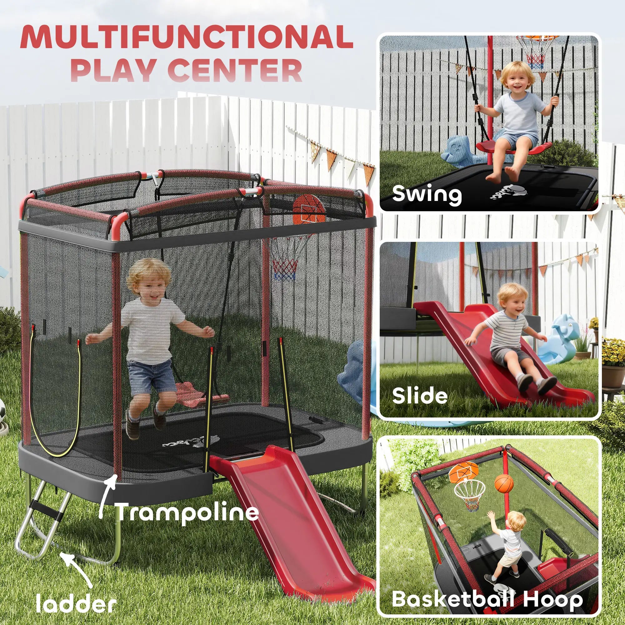 Multifunctional play center with trampoline, swing, slide, and basketball hoop features.