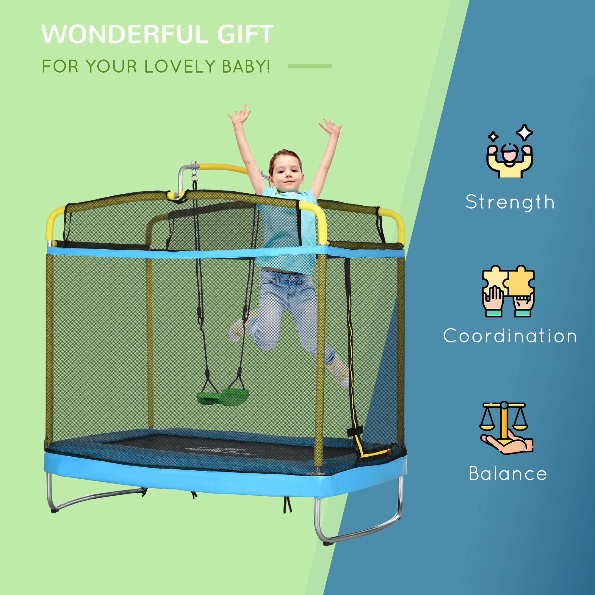 Child playing on a trampoline with safety net and swing attachments, on a green and blue background.