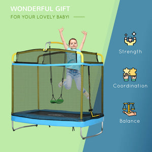 Child playing on a trampoline with safety net and swing attachments, on a green and blue background.