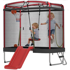 Children playing in a trampoline with basketball hoop, swing, and slide on a white background