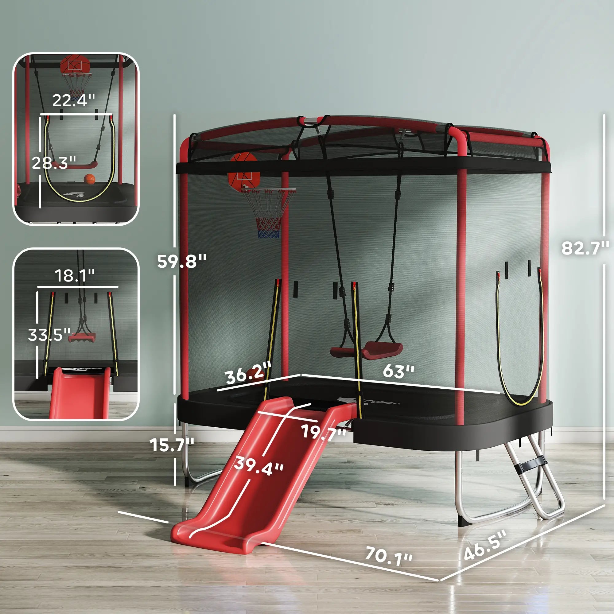 Children's play area with swing set, slide, and basketball hoop, featuring measurements.
