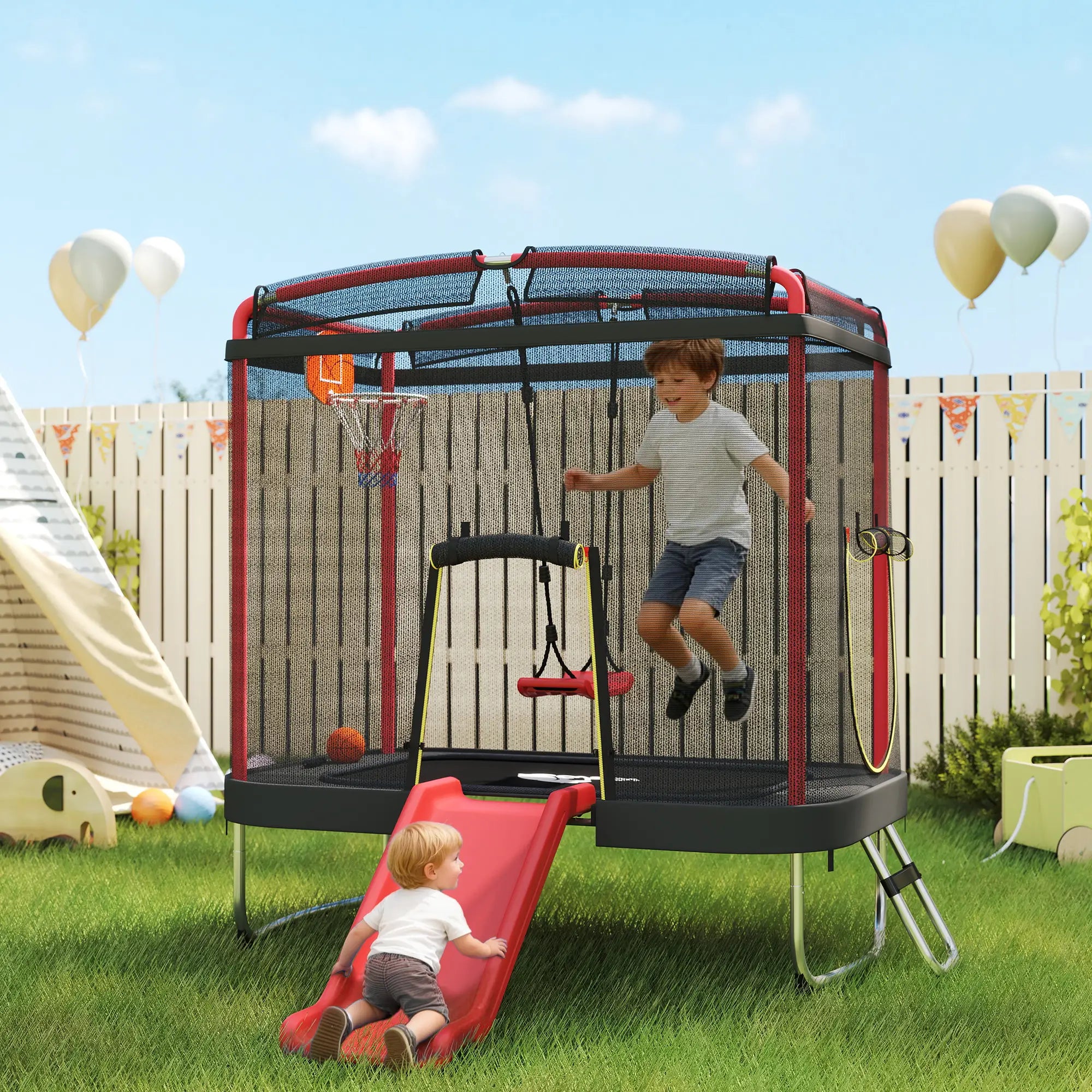 Children playing on a trampoline with slide and basketball hoop in a backyard setting.