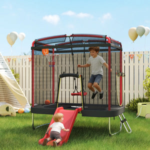 Children playing on a trampoline with slide and basketball hoop in a backyard setting.