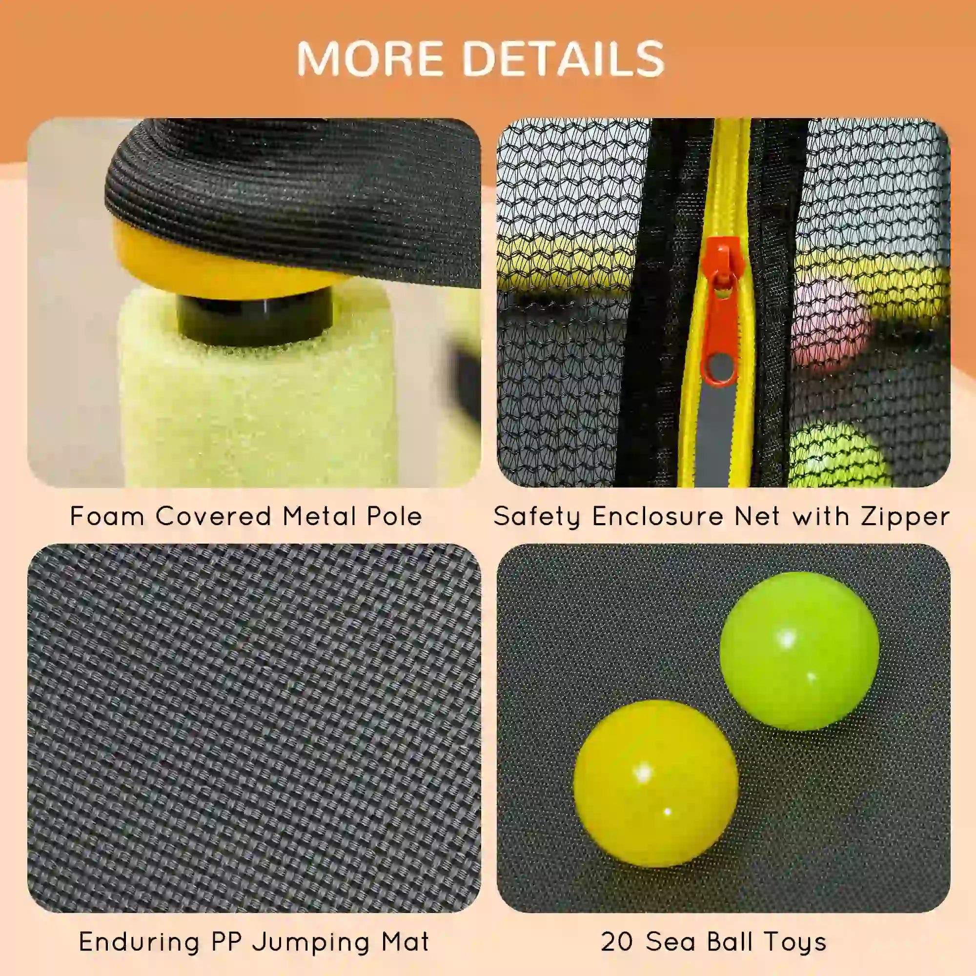 Product details including foam-covered metal pole, safety enclosure net with zipper, PP jumping mat, and sea ball toys on a beige background.
