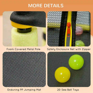 Product details including foam-covered metal pole, safety enclosure net with zipper, PP jumping mat, and sea ball toys on a beige background.