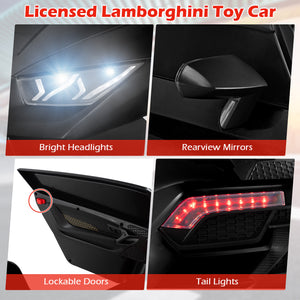 Detailed view of a licensed Lamborghini toy car with features like bright headlights, rearview mirrors, lockable doors, and tail lights.
