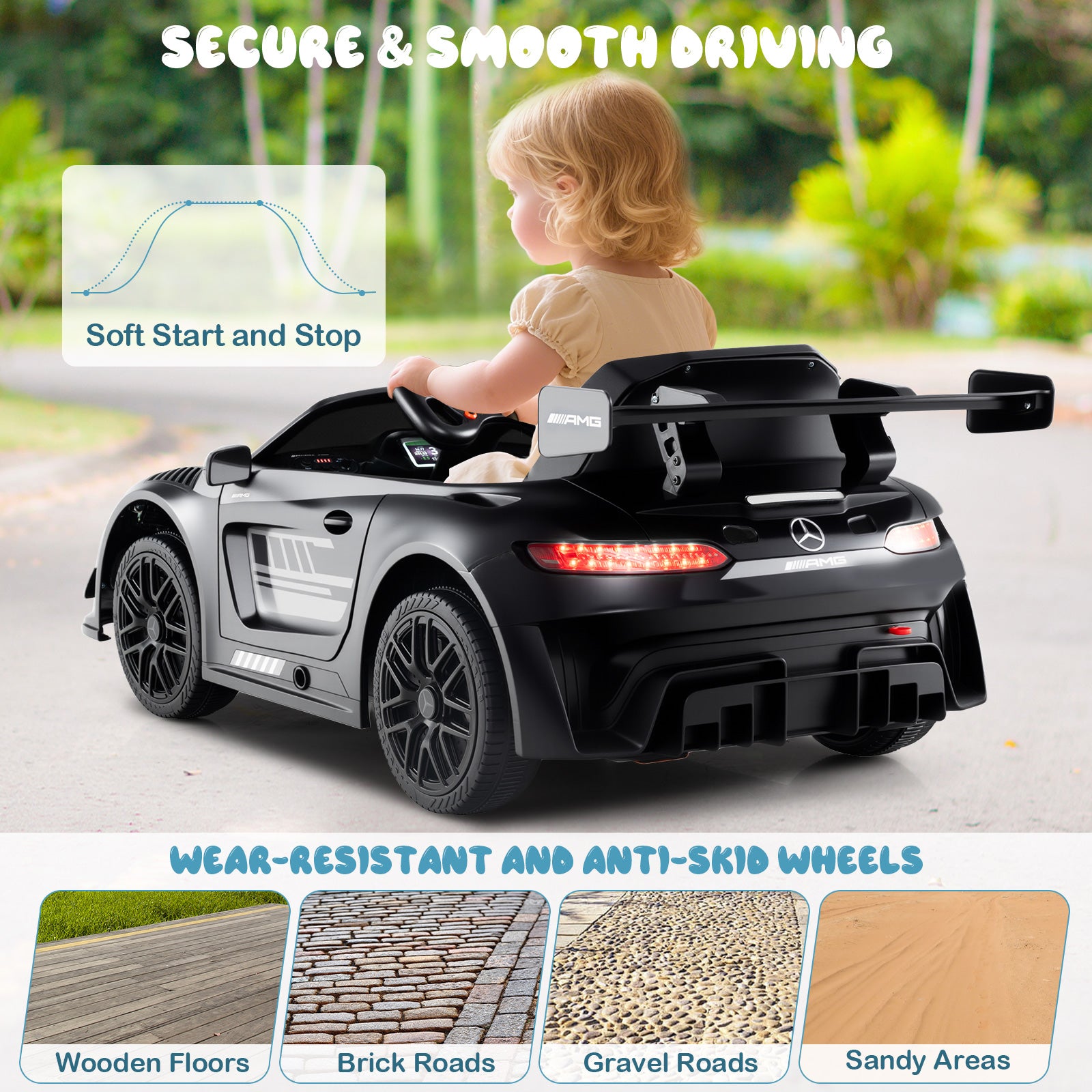 Child in a toy car with features highlighted on a green outdoor background