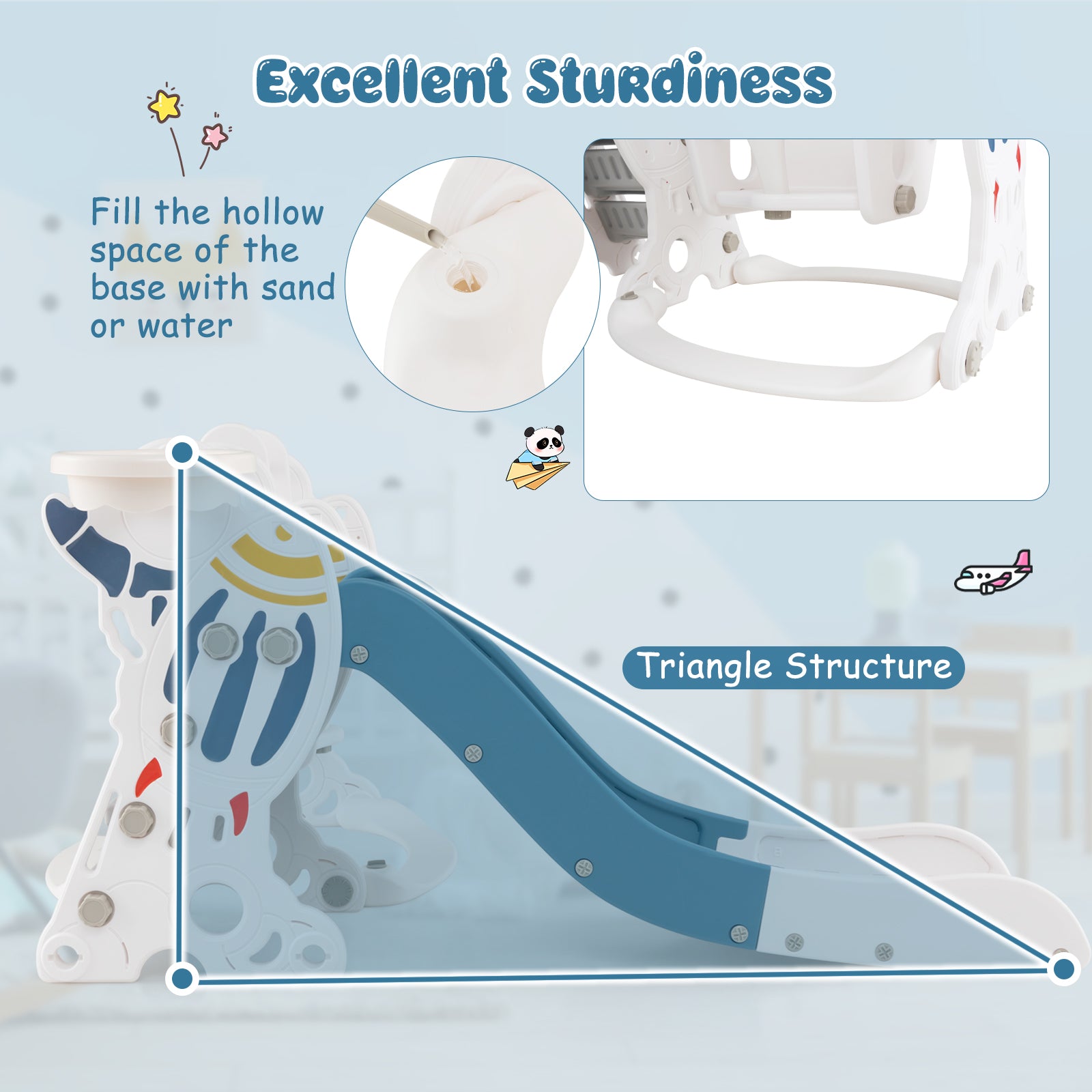 Children's slide with text highlighting sturdiness and triangle structure design.