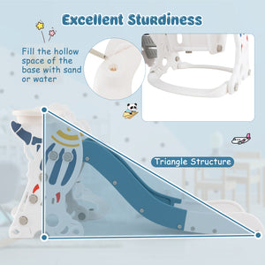 Children's slide with text highlighting sturdiness and triangle structure design.