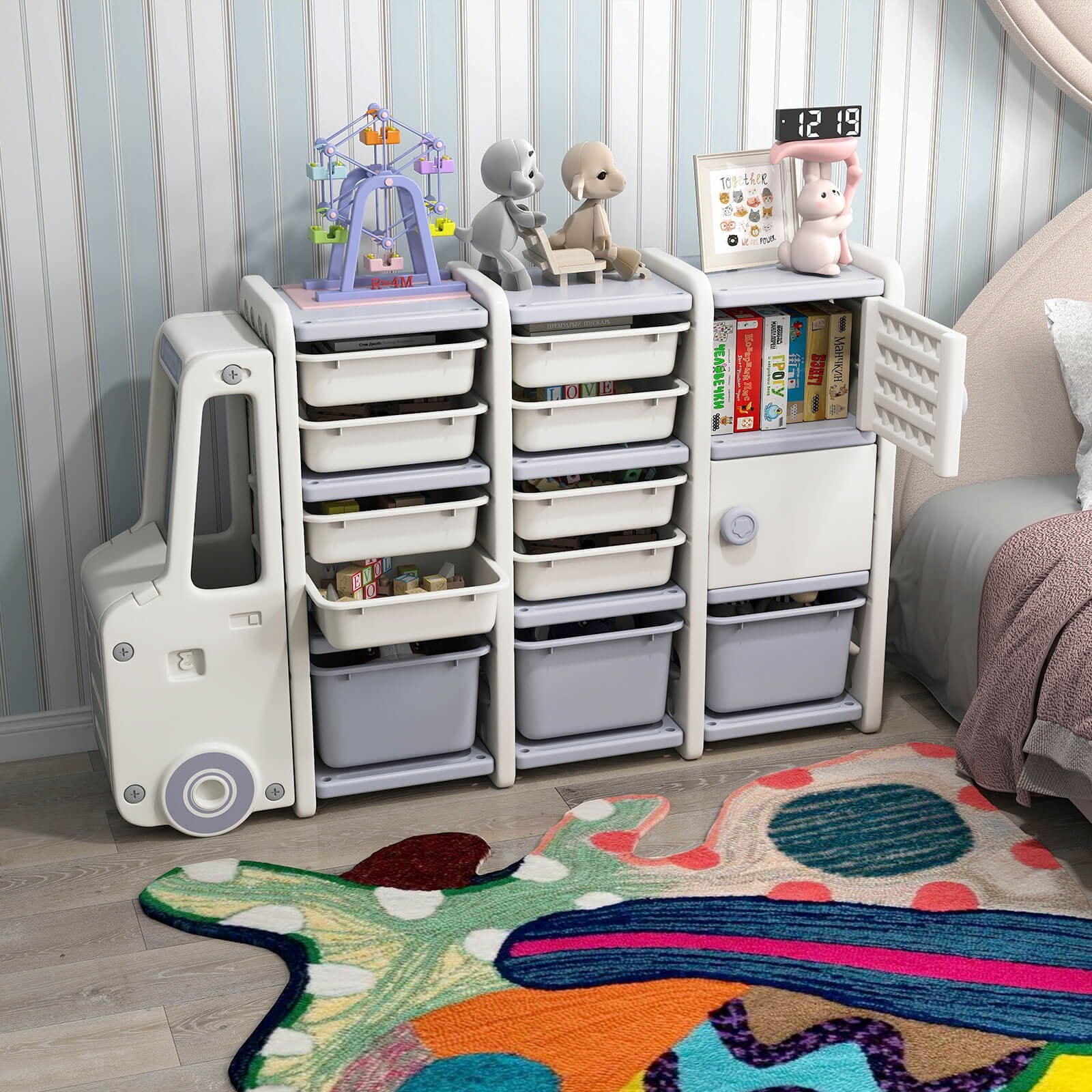 Children's truck toy organizer with cabinets and storage bins