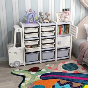 Children's truck toy organizer with cabinets and storage bins