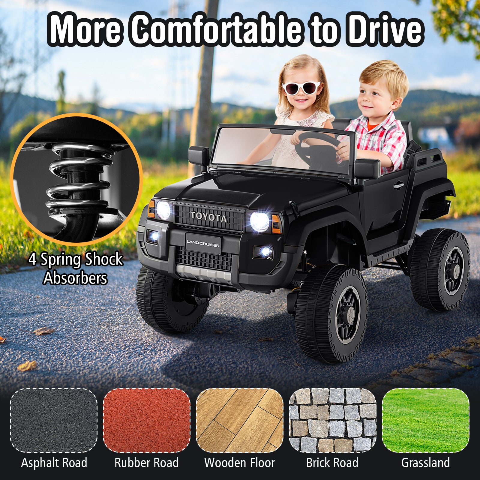 Black toy car with 4 spring shock absorbers, children sitting inside, and text 'More Comfortable to Drive'.