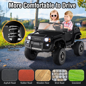Black toy car with 4 spring shock absorbers, children sitting inside, and text 'More Comfortable to Drive'.