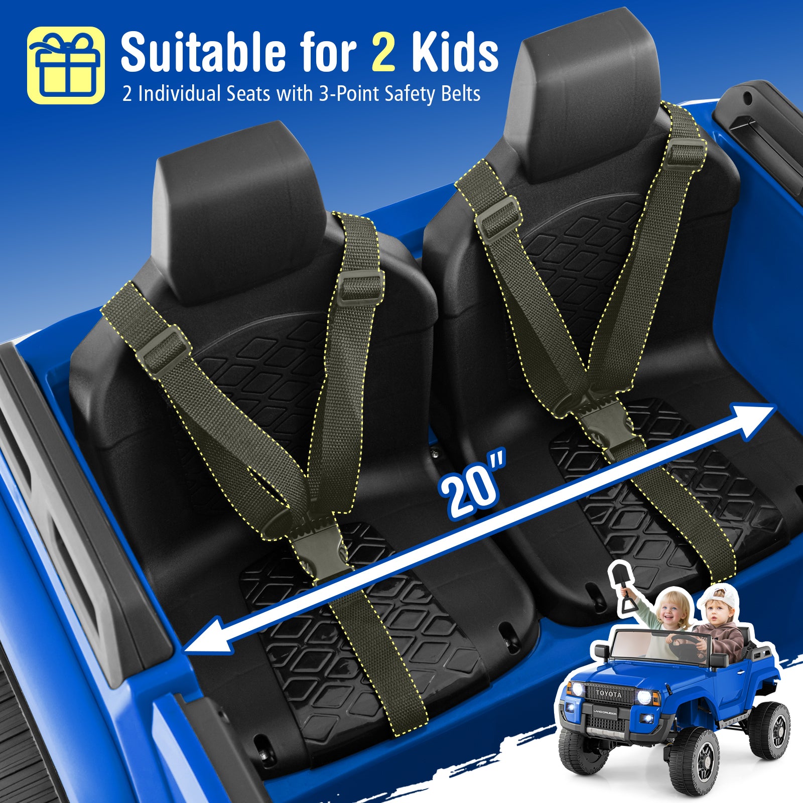 Child safety seats with 3-point safety belts in a vehicle, suitable for two kids.